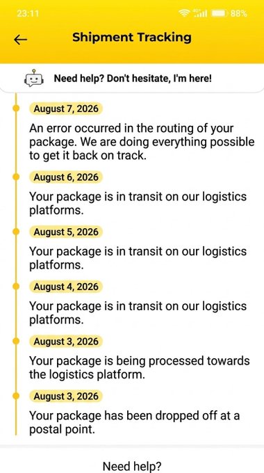 A shipment tracking screen on a mobile device showing status updates from August 3-7, 2026, including messages about the package being in transit and a routing error.