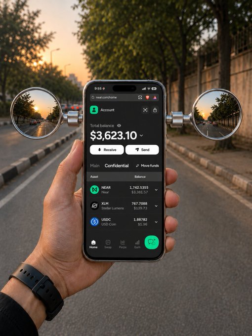 A hand holding a smartphone displaying a crypto wallet app with a $3,623.10 total balance, showing NEAR, XLM, and USDC assets, flanked by two rearview mirrors on a street at sunset.