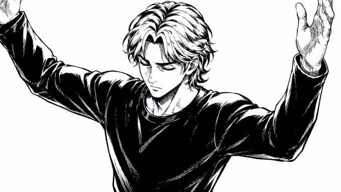A black-and-white manga-style illustration of a young man with wavy hair in a dark long-sleeved shirt, eyes closed, with both arms raised dramatically.