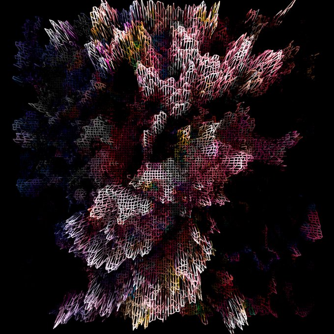 An abstract digital artwork with chaotic, crosshatched mesh-like textures in pinks, purples, and whites against a black background.