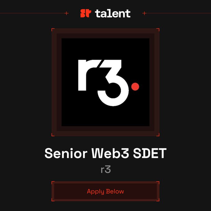 Job listing card from r3talent featuring a Senior Web3 SDET position at r3 (inside_r3), displayed with the r3 logo above an "Apply Below" button. The graphic promotes R3's hiring for an automation-focused QA role building institutional RWA yield vaults on Solana.