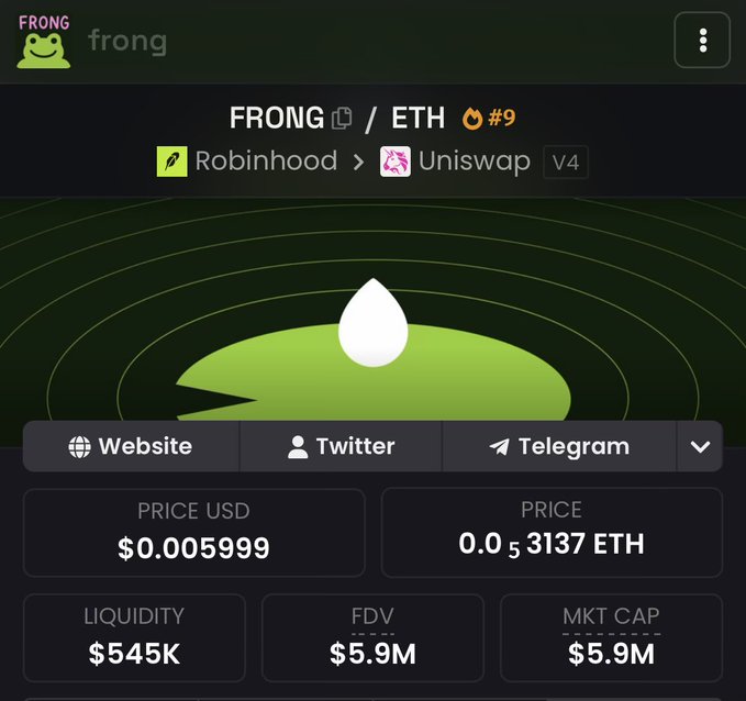 The image shows a cryptocurrency tracking page for FRONG (FRONG/ETH), ranked #9, now listed on Uniswap V4 after migrating from Robinhood, with a price of $0.005999 (0.0000053137 ETH), $545K liquidity, and $5.9M market cap. The page displays FRONG's updated logo—a white egg on a green lily pad—aligning with the post announcing the token's new branding and Uniswap launchpad debut.