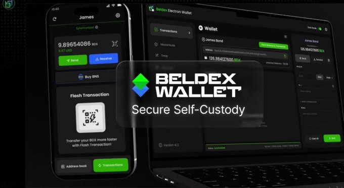 A promotional graphic displays 'BELDEX WALLET' with the tagline 'Secure Self-Custody' over a dark background showing mobile and desktop app interfaces for a cryptocurrency wallet.