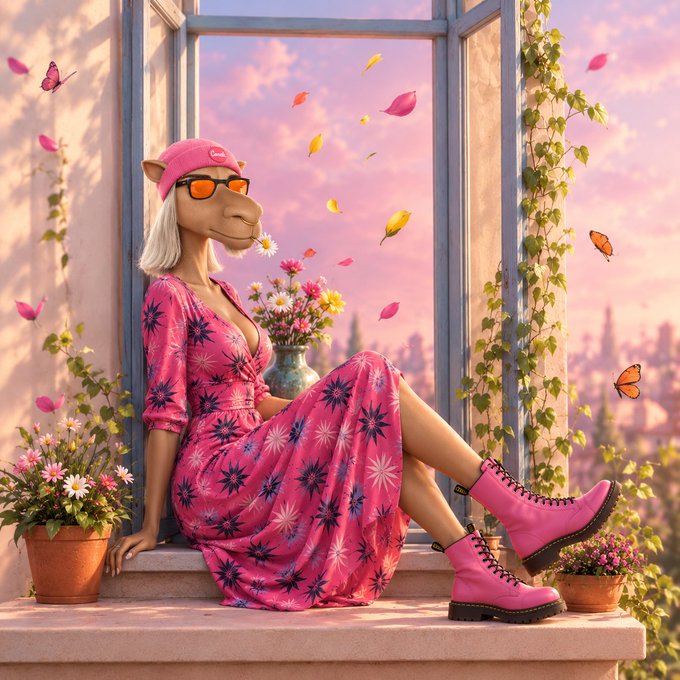 An AI-generated illustration of a stylish anthropomorphic camel with blonde hair, orange sunglasses, a pink bandana, and a pink star-patterned dress, sitting on a window ledge wearing pink boots amid flowers and butterflies.