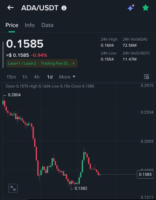 A Binance price chart showing ADA/USDT trading at $0.1585, down 0.94%, with a significant decline from a high of $0.2804 to a low of $0.1382, illustrating the bearish setup referenced in the "$ADA Wait Take it or leave it?" caption.
