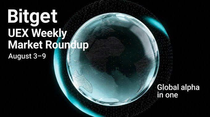 A Bitget promotional banner titled 'UEX Weekly Market Roundup August 3-9' features a glowing digital globe and the tagline 'Global alpha in one'.