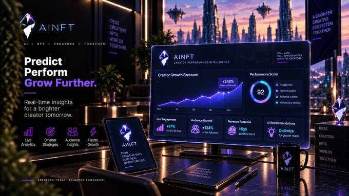 An AI-powered marketing graphic for 'AINFT' with the tagline 'Predict Performance. Grow Further,' featuring a futuristic dashboard displaying a Creator Growth Forecast (+248%) and a Performance Score of 92 for analytics, audience growth, and engagement.