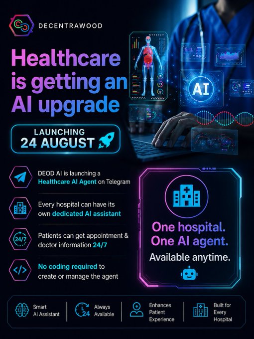 A Decentrawood promotional poster announces a “Healthcare AI Agent” launch on Telegram on 24 August, powered by $DEOD. It highlights a dedicated hospital AI assistant offering 24/7 appointment and doctor information with no coding required.