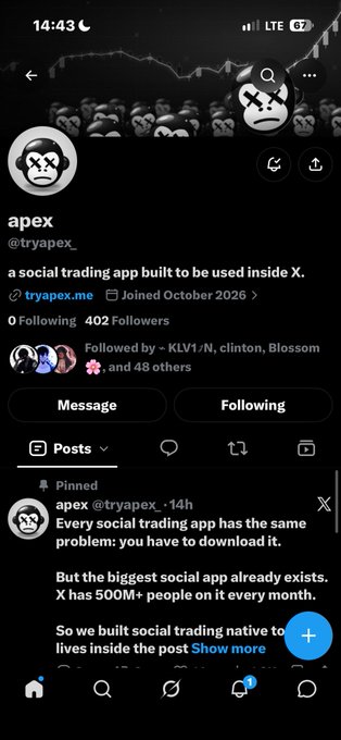 A mobile screenshot of an X profile for 'apex' (@tryapex_) describing it as 'a social trading app built to be used inside X', with 402 followers.
