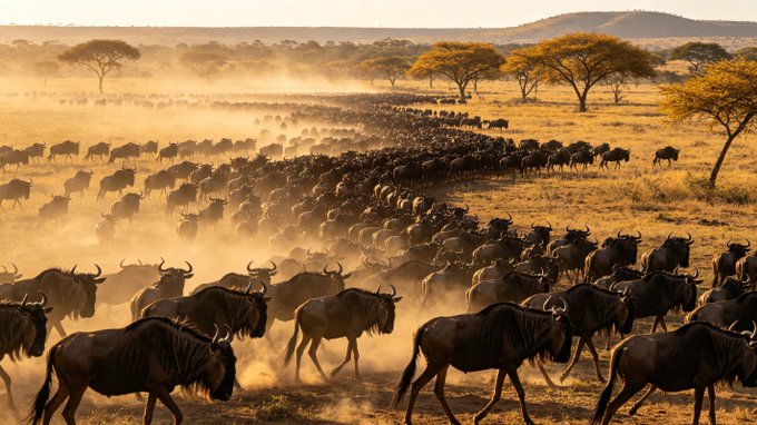 A vast herd of wildebeest migrates across the dusty African savanna at golden hour, with acacia trees silhouetted in the distance.