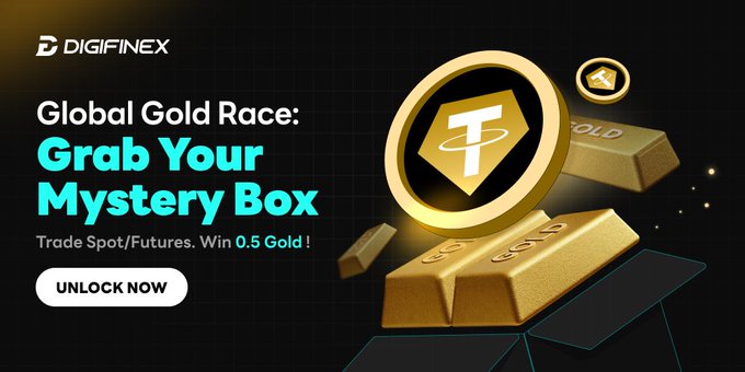 The image features a poster for an event where people can trade their cryptocurrency for gold. The poster includes a gold coin, a gold bar, and a gold box with a T-shaped symbol on top of them. The text on the poster reads "Global Gold Race: Grab Your Mystery Box Trade Spot/Futures Win 0.5 Gold!".