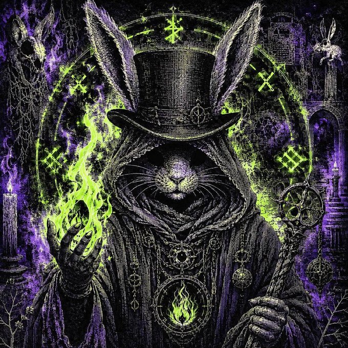 A dark, mystical rabbit wizard in a top hat conjures green flames against a backdrop of occult symbols and gothic architecture. The image evokes the legendary "meme wizard" art style tied to early Bitcoin Reddit lore, fitting the post's nostalgic reference to mavensbot's iconic 2013 MS Paint wizard meme.