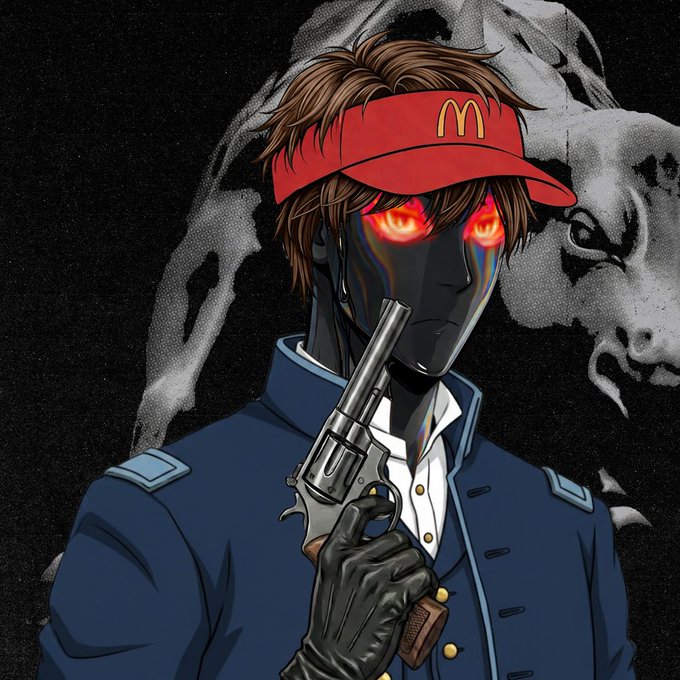 An anime-style character with glowing orange eyes wears a red McDonald's visor while holding a revolver, set against a dark background featuring a lion emblem—evoking a rebellious, anti-establishment aesthetic fitting the "Patriots" NFT collection listing.