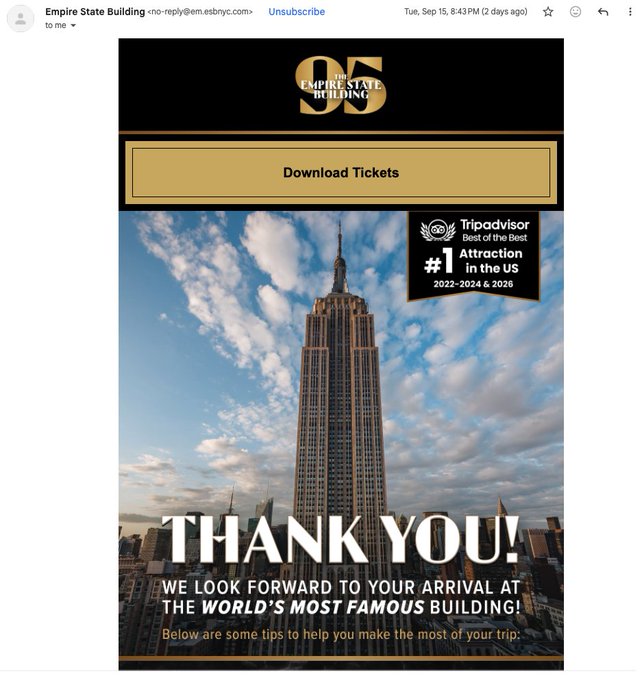 An email from the Empire State Building with a "Download Tickets" button and a large "THANK YOU!" graphic featuring the building and its Tripadvisor #1 Attraction in the US award.