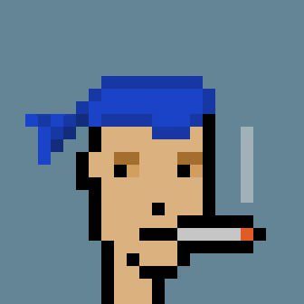 This pixelated CryptoPunk NFT, with its blue bandana and cigarette, has a simple "Gm" greeting that speaks to the NFT community's daily ritual.