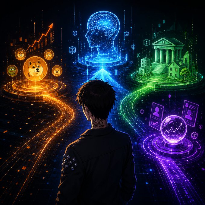 A hooded figure stands facing four glowing pathways—memecoin doge icons with rising charts (orange), a digital AI brain hologram (blue), a tokenized real estate sector (green), and prediction market trading interfaces (purple)—each representing a dominant crypto narrative. The image illustrates the post's message that crypto market movements are often driven by compelling narratives across sectors like AI, memecoins, RWA, and prediction markets rather than pure technological merit.