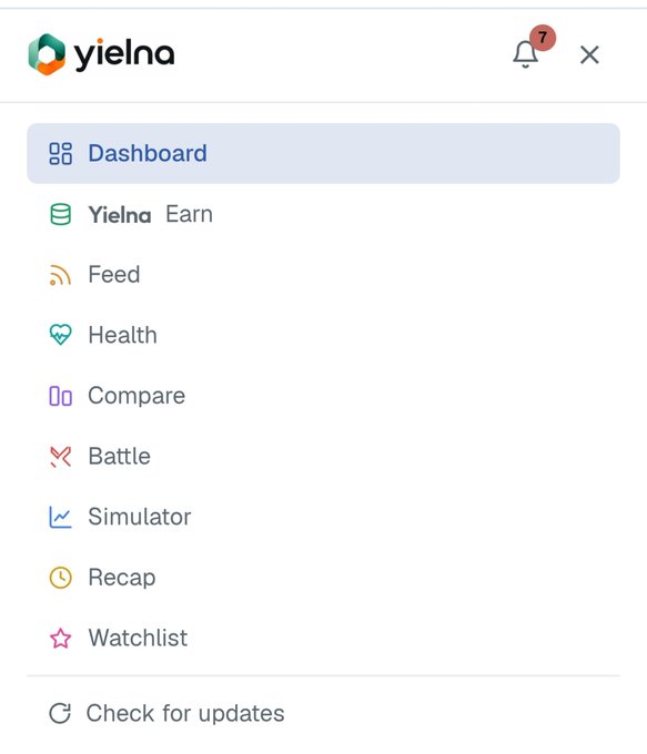 A screenshot of the Yielna app's navigation menu showing options including Dashboard, Yielna Earn, Feed, Health, Compare, Battle, Simulator, Recap, and Watchlist, with a notification badge showing 7.