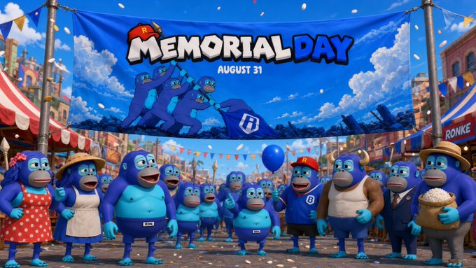 AI-generated image showing blue gorilla characters at a 'MEMORIAL DAY AUGUST 31' event with a RONKE-branded tent and confetti in the background.