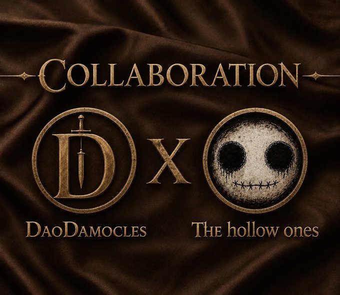 A promotional collaboration graphic featuring "COLLABORATION" text above two emblems—a "D" logo with a sword labeled "DaoDamocles" and a stitched-face skull labeled "The hollow ones"—separated by an "X" on a dark, draped fabric background, announcing the partnership between DaoDamocles and HollowOnesHQ for Clan DC members.