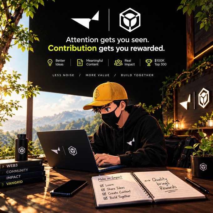 A young person in a yellow cap and black hoodie works on a laptop displaying Vangrid and NucleusCodes logos, surrounded by books labeled "Web3," "Community," and "Impact," with handwritten notes reading "Make an Impact: Learn, Share Ideas, Create Content, Build Together." Above, text reads "Attention gets you seen. Contribution gets you rewarded," alongside "$100k Top 300," reinforcing the post's message that Vangrid rewards meaningful contribution over mere attention in Web3.