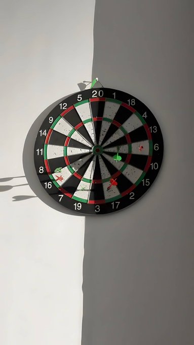 A standard dartboard hangs in the corner of a room with white and gray walls, with three darts embedded in it.