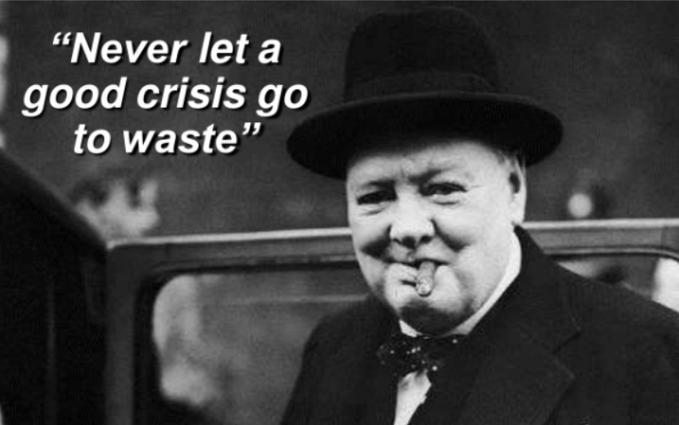 Black and white photo of Winston Churchill with a cigar and bowler hat, overlaid with the quote "Never let a good crisis go to waste."