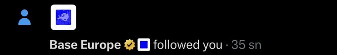A notification from Instagram showing that the account "Base Europe" (with a verified checkmark and blue icon) has followed you 35 seconds ago.