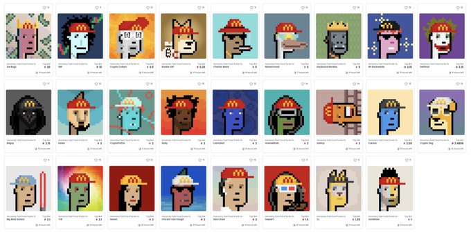 A grid of 24 pixel art CryptoPunks NFT collectibles, each with unique attributes like various hats, hairstyles, and skin colors.