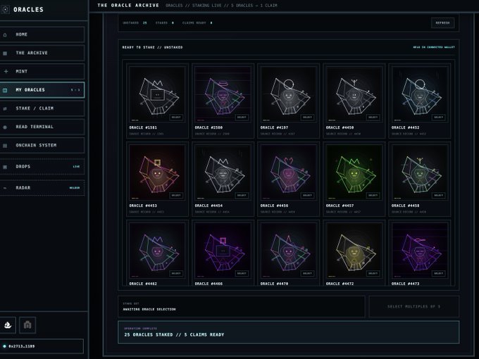 A screenshot of The Oracle Archive interface showing a grid of 15 stakeable Oracles #4381-4472, with sidebar navigation including Home, The Archive, Mint, My Oracles, and Stake/Claim options.