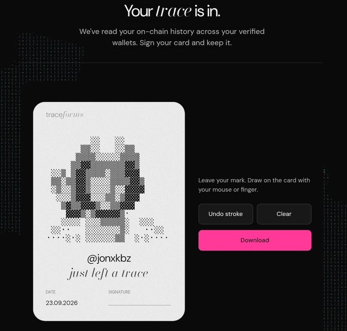A 'traceforms' interface screen titled 'Your trace is in' featuring a pixelated black and white portrait card for user '@jonxkbz' with the text 'just left a trace' and options to draw, undo, clear, or download.