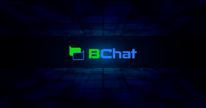 A BChat logo displayed in green and blue against a dark blue technological background with a grid pattern.