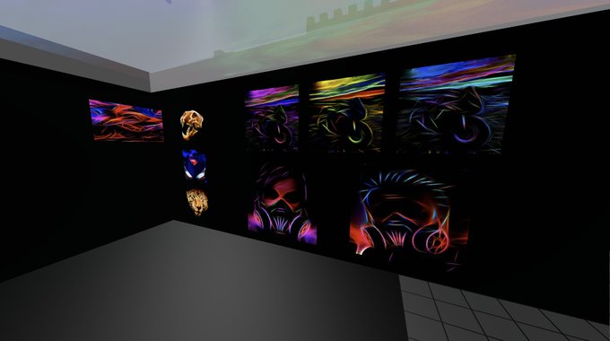 A dark gallery room displays a series of digital art prints featuring neon, swirling, flame-like patterns and stylized faces on the walls.