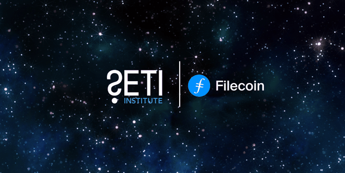 The image presents an advertisement for the SETI Institute, which promotes its use of Filecoin to protect astronomical research data. The text at the bottom of the image reads "@SETIInstitute stores" and "60+ gigabytes of astronomical research data on Filecoin", indicating that the organization is using Filecoin's blockchain technology to store their vast amounts of historical information securely. The post emphasizes the limitations of traditional cloud storage and highlights how Filecoin is more suited for this purpose due to its ability to protect history-altering data.