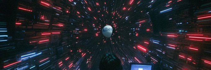A sci-fi style image showing a sphere labeled 'AIbet' moving through a tunnel of red and white light streaks.