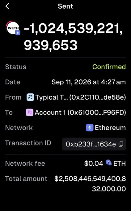 Crypto wallet transaction confirmation screen showing a sent transfer of approximately -1,024,539,221,939,653 WETH tokens, confirmed on Sep 11, 2026 at 4:27 am on the Ethereum network with a $0.04 fee.
