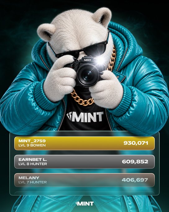 A promotional graphic features a white bear wearing sunglasses and a teal jacket, holding a camera. A leaderboard shows 'MINT_2759 LVL 9 BOWEN' at the top with 930,071 points, followed by 'EARNBET L. LVL 8 HUNTER' and 'MELANY LVL 7 HUNTER'.