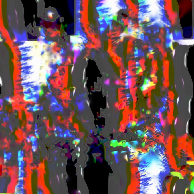 A chaotic abstract digital image with intense red, blue, green, and white colors melting together against gray and black backgrounds, resembling a glitch or psychedelic pattern.