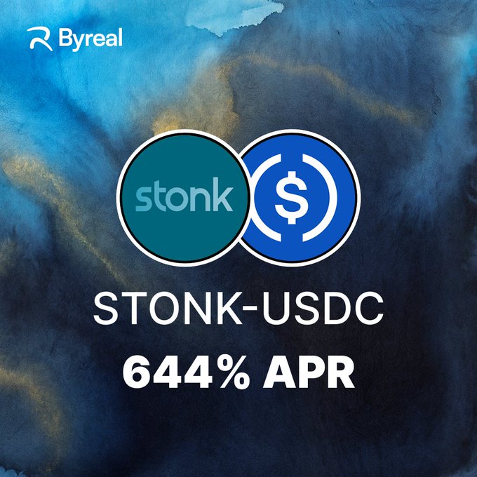 Promotional graphic from Byreal announcing a new all-time high for $STONK, featuring the Byreal logo, paired STONK and USDC token icons, and highlighted text reading "STONK-USDC 644% APR" against a blue watercolor background to advertise the high-yield liquidity pool.