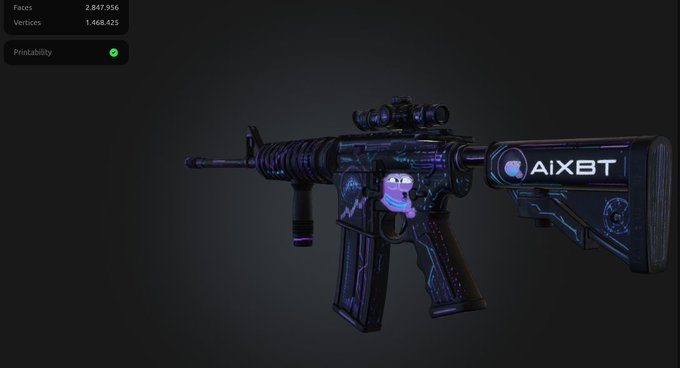 A 3D rendering of an M4-style rifle skin with purple and blue circuit-board aesthetics featuring 'AIXBT' branding and a small AI character logo, with face/vertex counts shown at 2.8M/1.4M.
