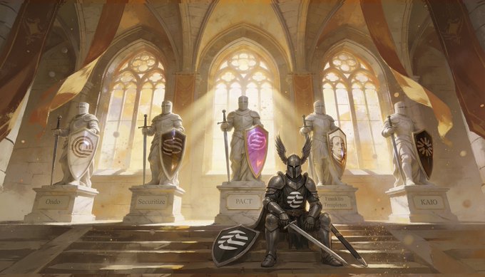 "The Chosen Chain" is a title of an art piece featuring a knight sitting on a throne surrounded by other knights, with a castle-like setting.