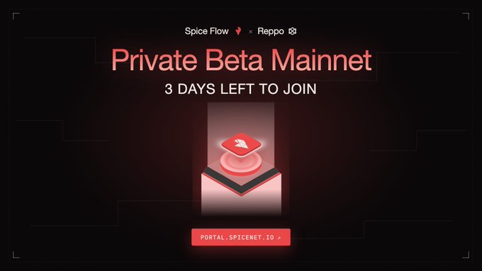 The image promotes the "Private Beta Mainnet" for the Spice Flow x Reppo integration, featuring a countdown of "3 DAYS LEFT TO JOIN" alongside a link to "PORTAL.SPICENET.IO." The graphic's urgency and call-to-action align with the post's message emphasizing the limited 3-day window to participate by Monday 11:59 pm UTC for eligibility in upcoming campaigns.