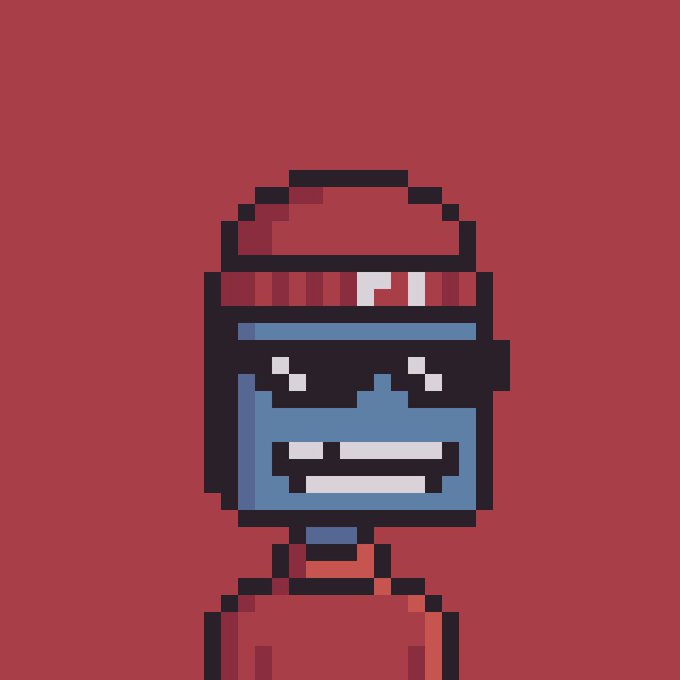 A pixel art illustration of a blue-skinned character with white eyes and a wide toothy grin, wearing a red beanie and red hoodie against a dark red background.