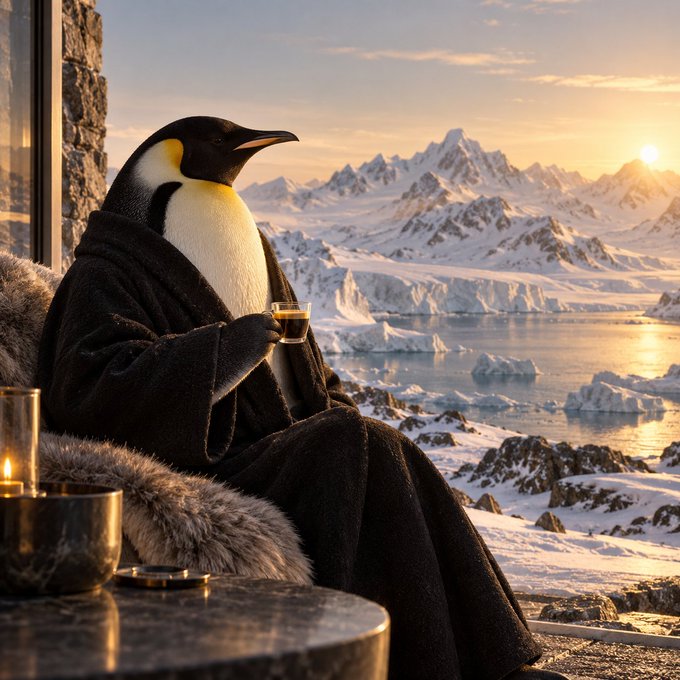 A penguin wearing a black bathrobe sits by a window holding a glass of dark liquid, with a snowy Antarctic landscape, mountains, and a sunset visible in the background.