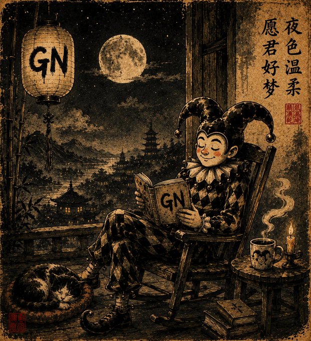 Vintage-style illustration of a jester reading a 'GN' book under a lantern marked 'GN', set against a moonlit landscape with a sleeping cat and Chinese calligraphy.