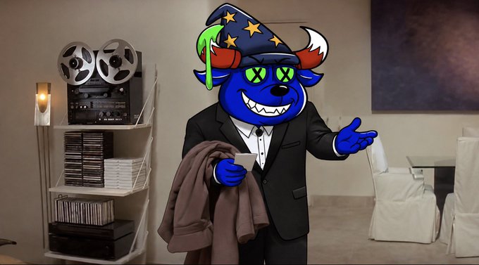 A digitally edited image of a blue cartoon dog wearing a wizard hat and suit, holding a coffee cup and jacket, overlaid on a scene from a movie in a living room setting.