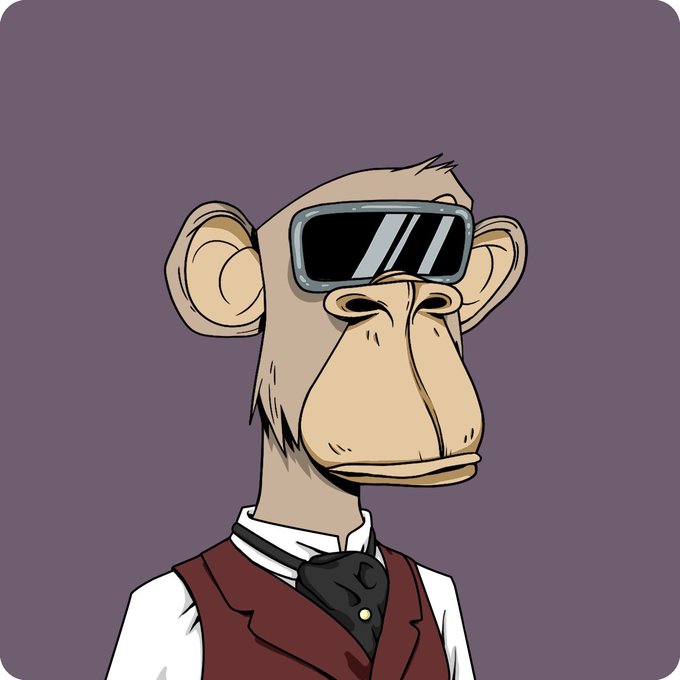 Cartoon illustration of a monkey character wearing reflective sunglasses, a white collared shirt, dark tie, and maroon vest, set against a solid mauve background.