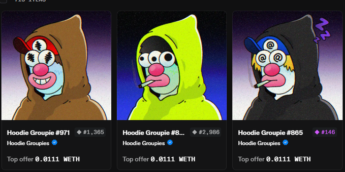 Three cartoon-style NFT 'Hoodie Groupie' digital collectibles (#971, #8..., and #865) from the Hoodie Groupies collection, each with a top offer of 0.0111 WETH.