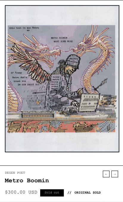 An NFT-style artwork shows a hooded figure flanked by two dragons with text including "Metro Boomin", "this beat is soc Metro so", "METRO BOOMIN WANT SOME MORE", and "ORIGINAL SOLD" displayed beneath at $300.00 USD.