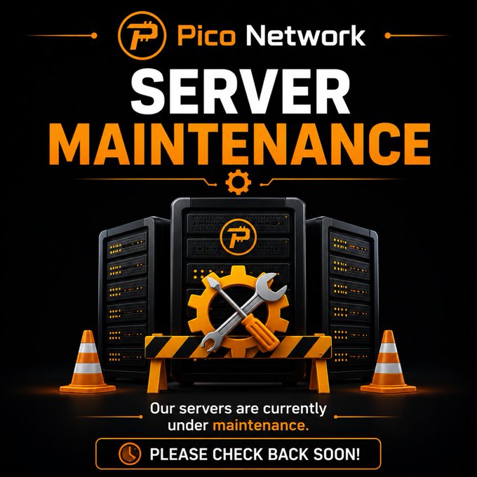 The image is a server maintenance announcement graphic for Pico Network, featuring a black and orange color scheme with the text "Pico Network SERVER MAINTENANCE," "Our servers are currently under maintenance," and "PLEASE CHECK BACK SOON!" alongside illustrations of server racks, a gear with tools, and traffic cones. The graphic visually reinforces the post's message about Pico Network undergoing server upgrades to improve user experience and signal a temporary pause in service.