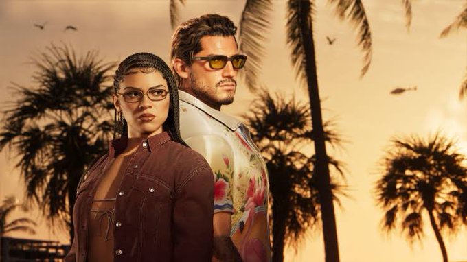 A stylized promotional image shows a woman with braided hair and glasses wearing a denim jacket, standing back-to-back with a bearded man in sunglasses and a floral shirt, set against a warm sunset sky with palm tree silhouettes and birds. No text or brand names appear in the image itself. The accompanying post promotes the Rivr DEX platform, encouraging users to join via a referral link to bridge USDT to WUSDT and swap Vara tokens for rewards, though the image's tropical, cinematic aesthetic doesn't directly reference the crypto promotion.